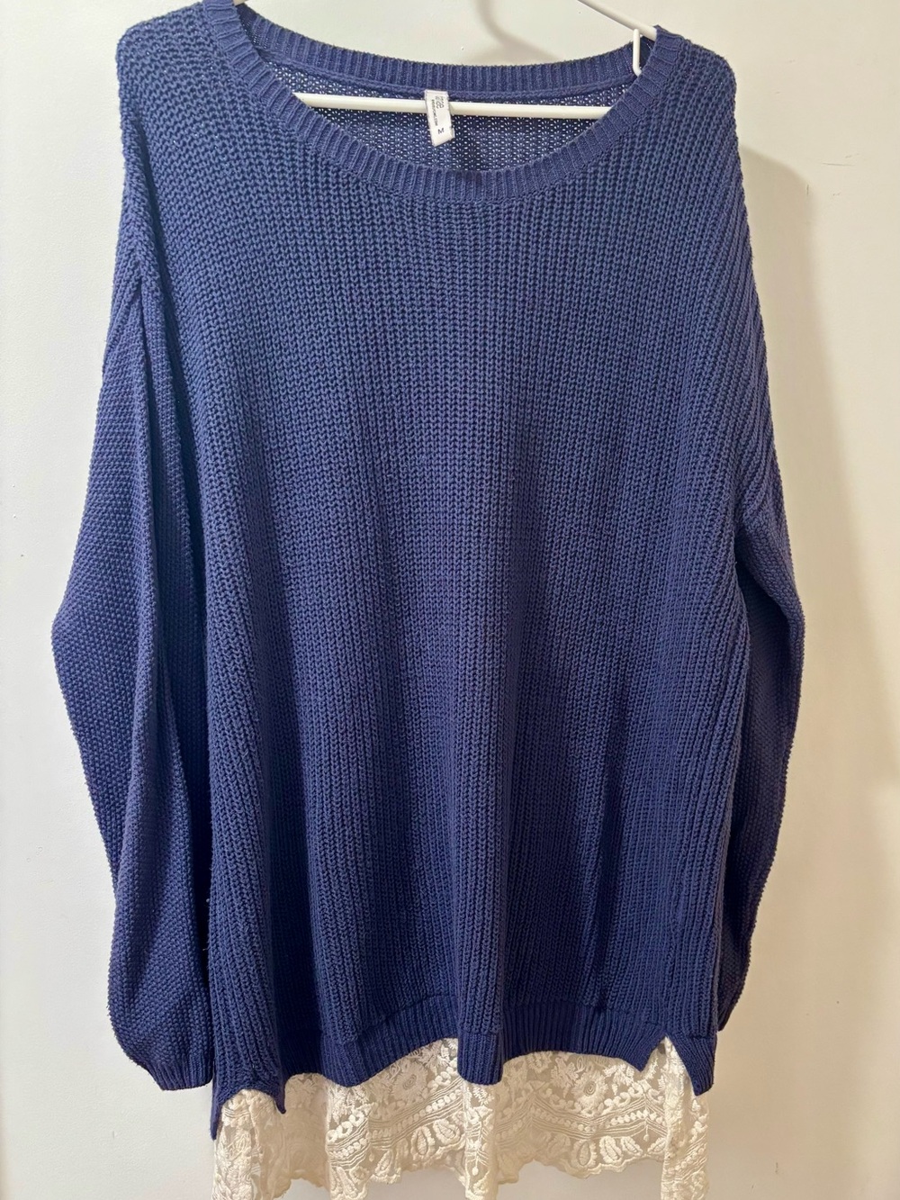 Daisy Mae - Women’s Blue Knit Sweater Dress with Lace
